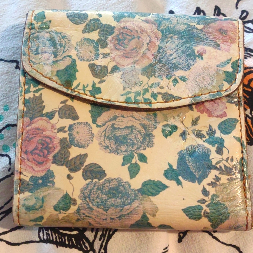 Patricia Nash Italian leather wallet change purse floral embossed blue pink rose